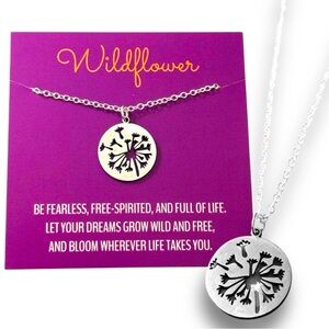 Silver Dandelion Flower Pendant Necklace Jewelry on Wildflower Card